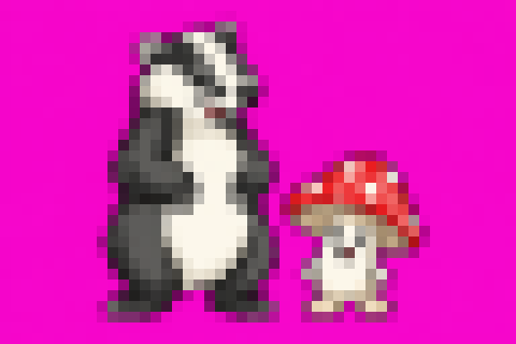 Heavily pixelated cartoon badger and mushroom bobbing together