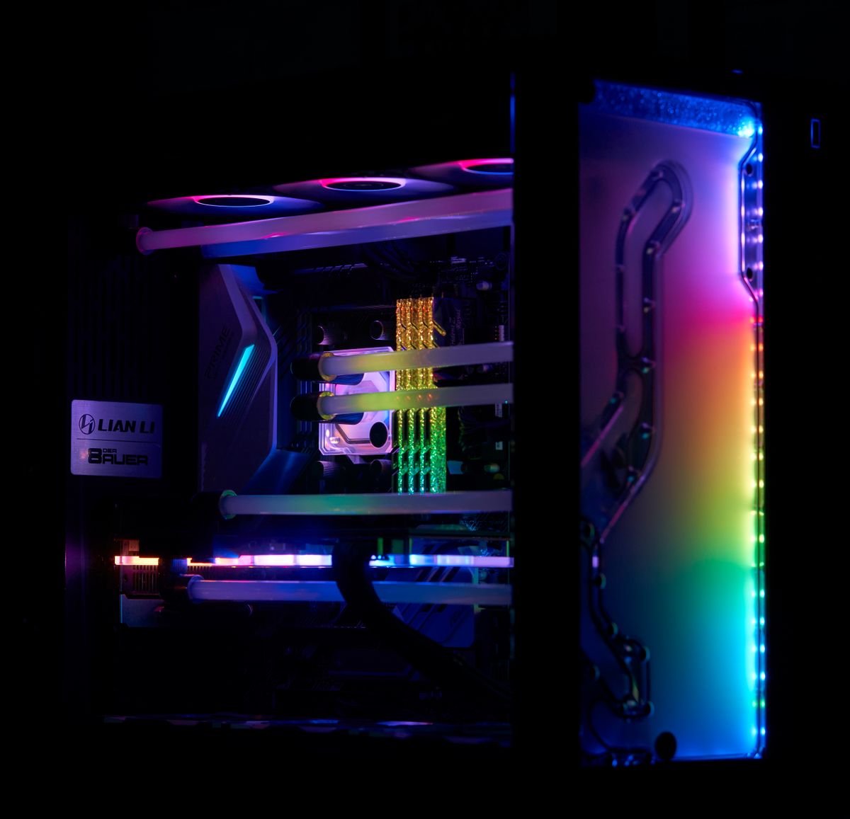 Colorful computer components inside a gaming PC